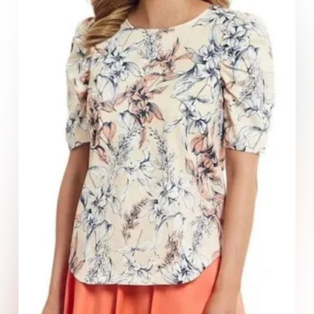 Alex Marie floral short smoked sleeves blouse top Sz L